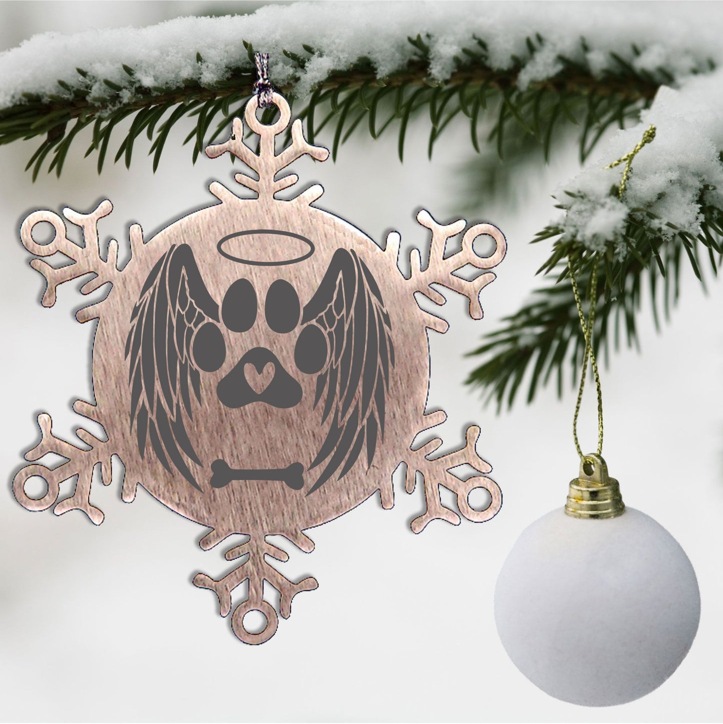 Personalized Pet Name Angel Remembrance Laser Engraved Stainless Steel Snowflake Tree Ornament