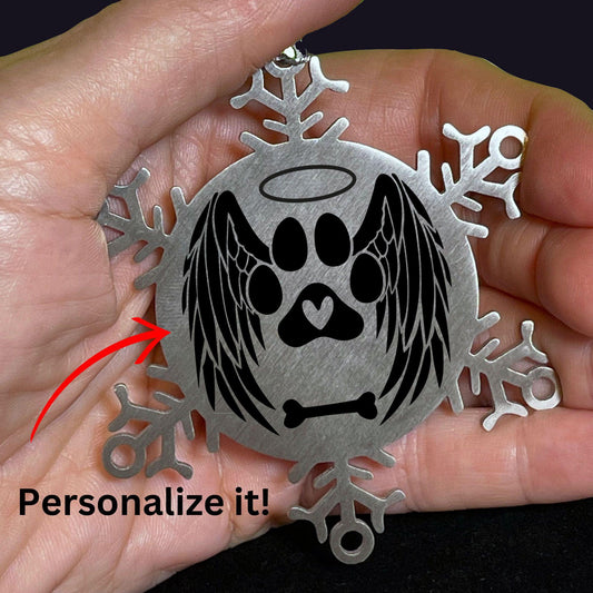 Personalized Pet Name Angel Remembrance Laser Engraved Stainless Steel Snowflake Tree Ornament