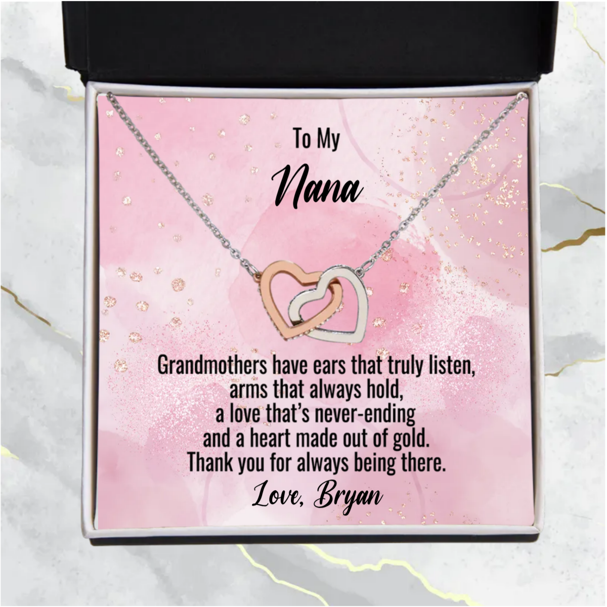 Grandmother Gift Personalized Message Card Interlocking Heart Pendant Necklace