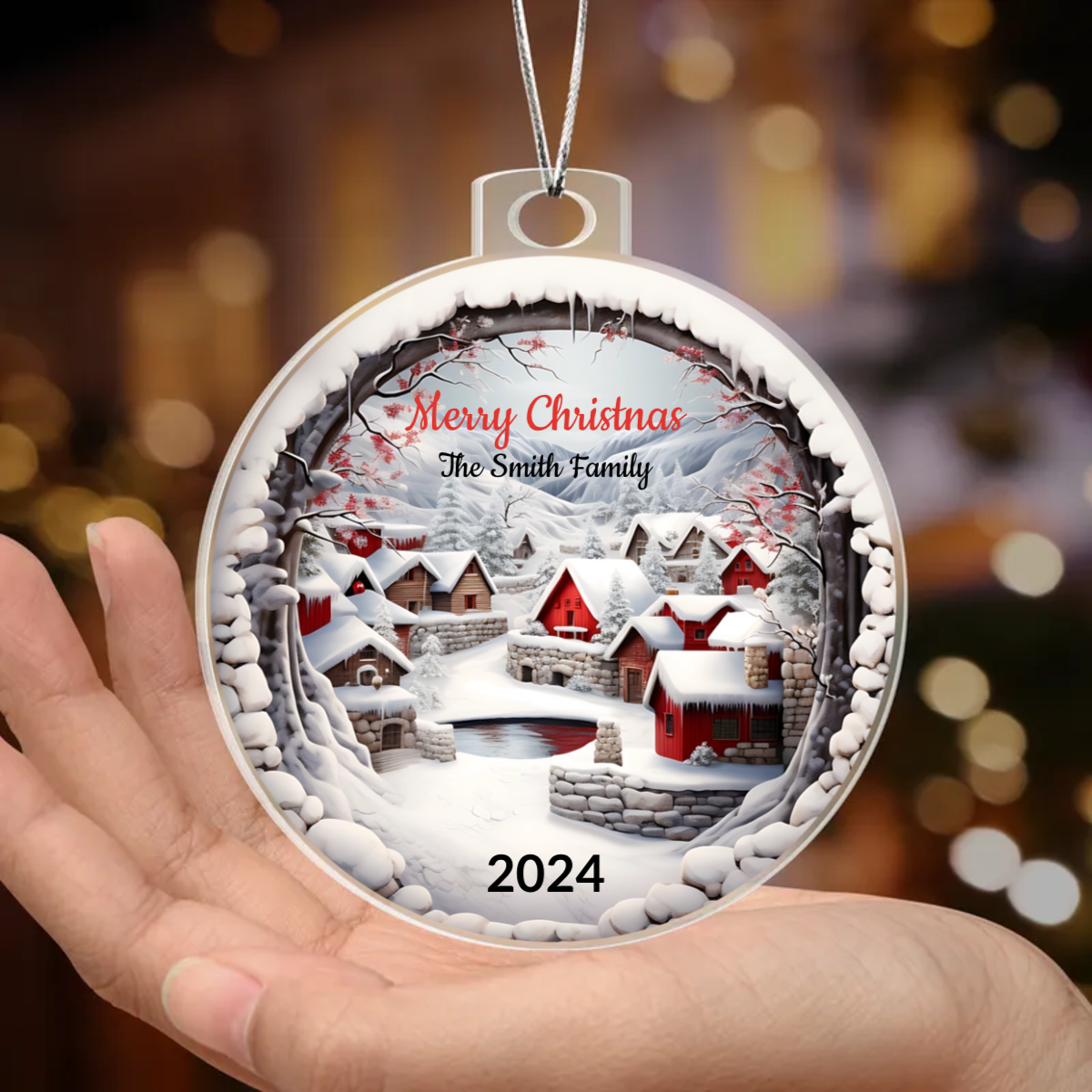 Snowy Christmas Village 3D Scene Personalized Acrylic Ornament