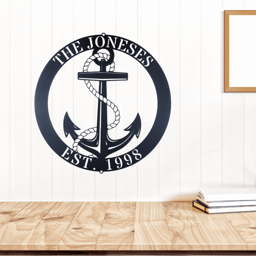 Elaborate Anchor Ring Personalized Name Indoor Outdoor Steel Wall Sign Metal Art - Mallard Moon Gift Shop