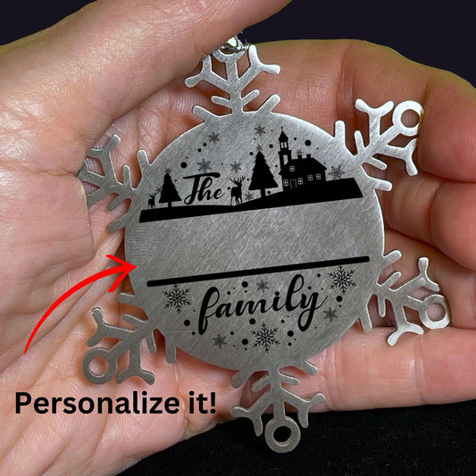 Personalized Family Name Christmas Laser Engraved Stainless Steel Snowflake Tree Ornament