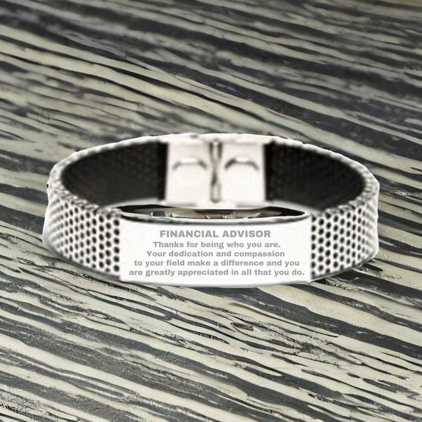 Financial Advisor Silver Shark Mesh Stainless Steel Engraved Bracelet - Thanks for being who you are - Birthday Christmas Jewelry Gifts Coworkers Colleague Boss - Mallard Moon Gift Shop