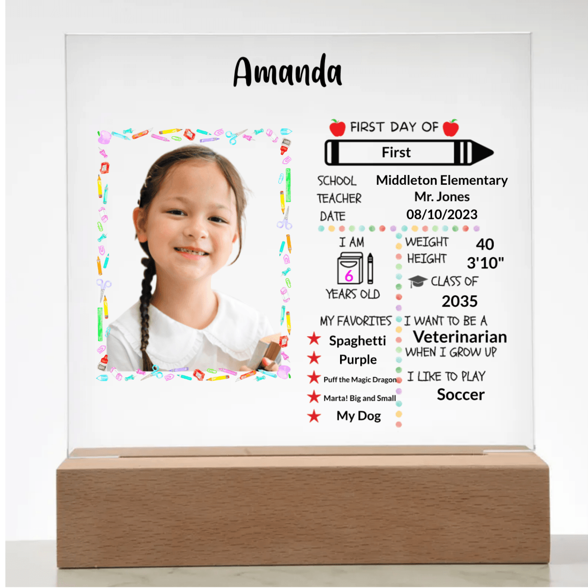 First Day of School Stats and Photo Upload Personalized Keepsake Acrylic Plaque - Mallard Moon Gift Shop