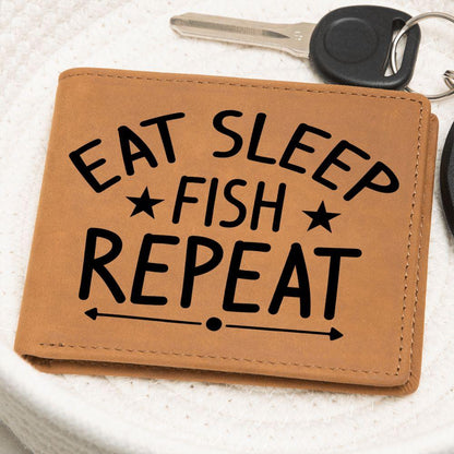 Fisherman Gift - Eat Sleep Fish Repeat Leather Wallet - Mallard Moon Gift Shop