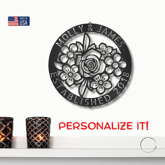 Floral Ring Monogram Personalized Metal Art Wall Sign - Mallard Moon Gift Shop