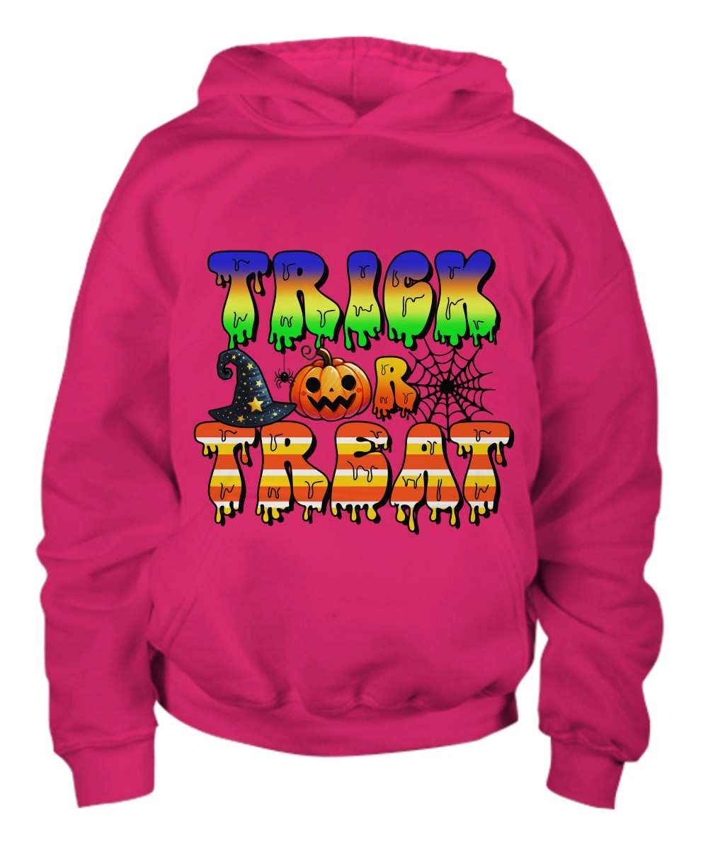 Trick or Treat Halloween Witches Hat and Pumpkin Youth Pullover Hoodie