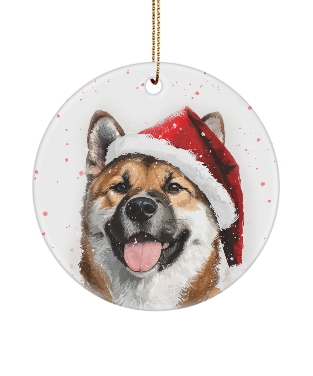 Akita Santa Claus Round Ceramic Holiday Tree Ornament