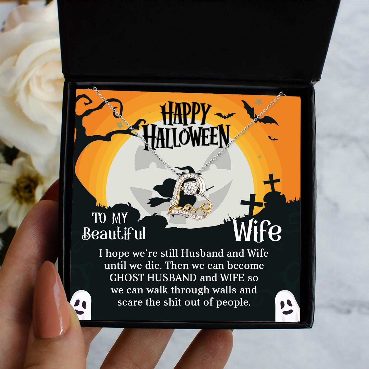 Wife Happy Halloween - Ghost Husband and Wife - Love Dancing Heart Necklace