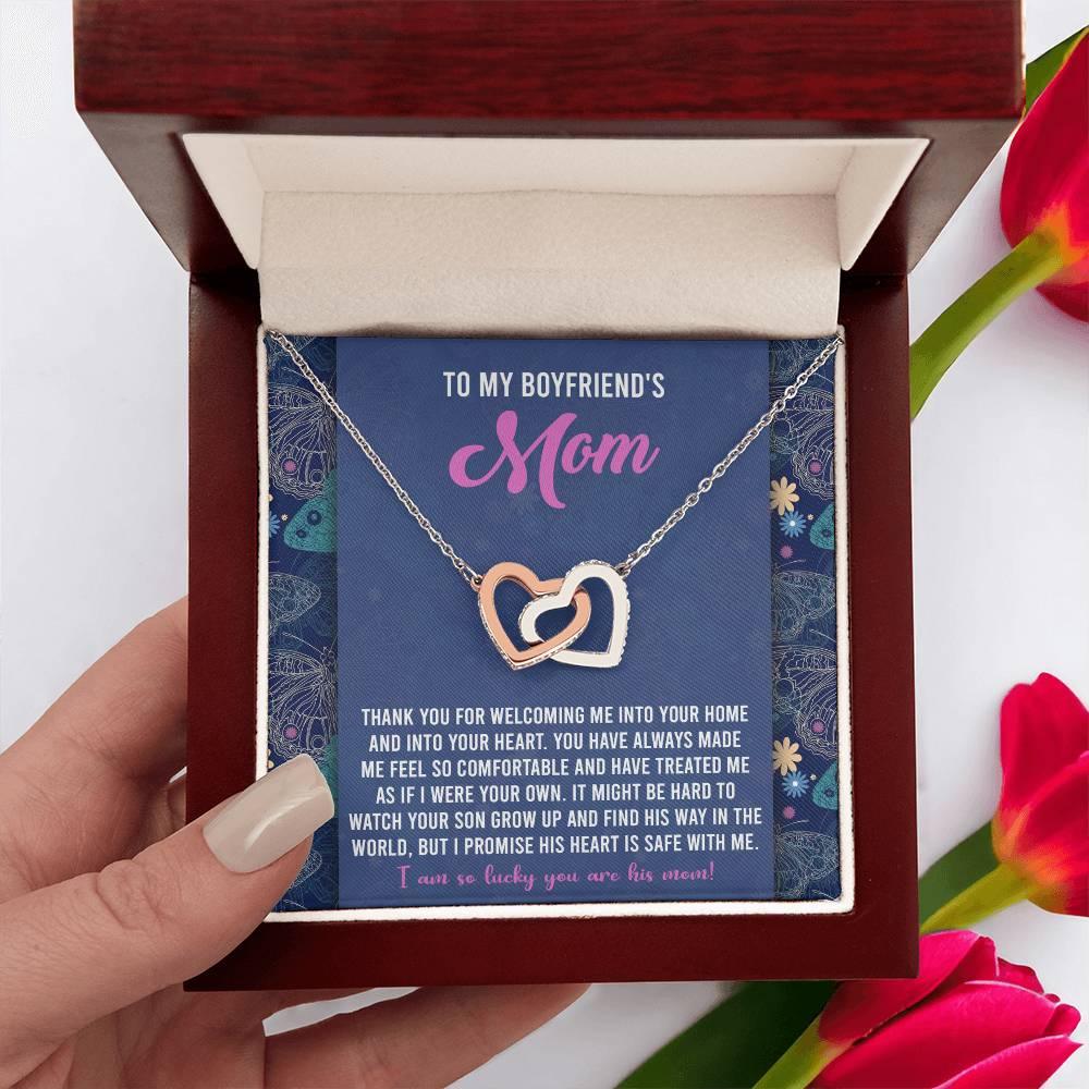 Gift for Boyfriend's Mom Interlocking Hearts Necklace with Heartfelt Message Card I Promise He is Safe with Me - Mallard Moon Gift Shop