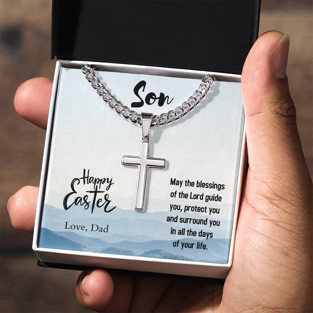 Gift for Son - Happy Easter May the Blessings of the Lord Guide You Personalized Engraved Cross Necklace - Mallard Moon Gift Shop