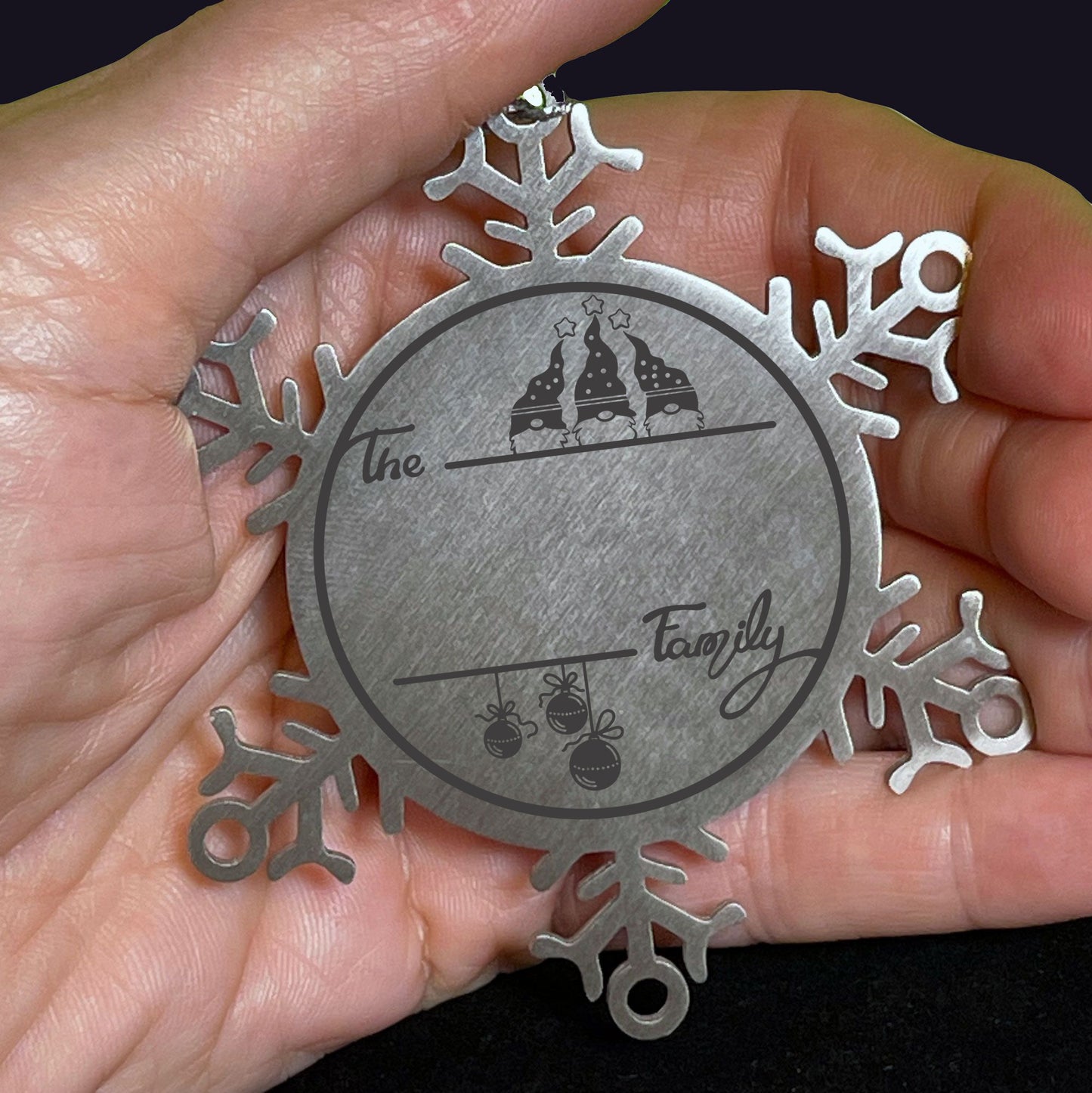 Gnome Family Name Personalized Laser Engraved Stainless Steel Snowflake Tree Ornament