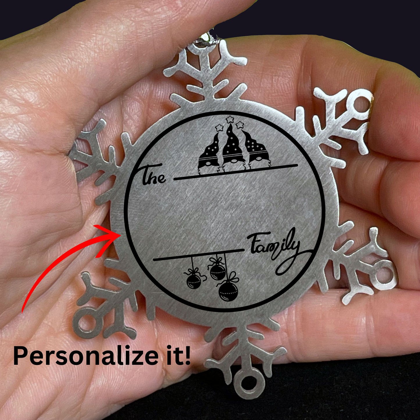 Gnome Family Name Personalized Laser Engraved Stainless Steel Snowflake Tree Ornament