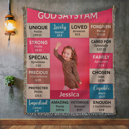 God Says I Am Loved Personalized Photo and Name Heirloom Woven Blanket Gift for Daughter, Goddaughter, Granddaughter