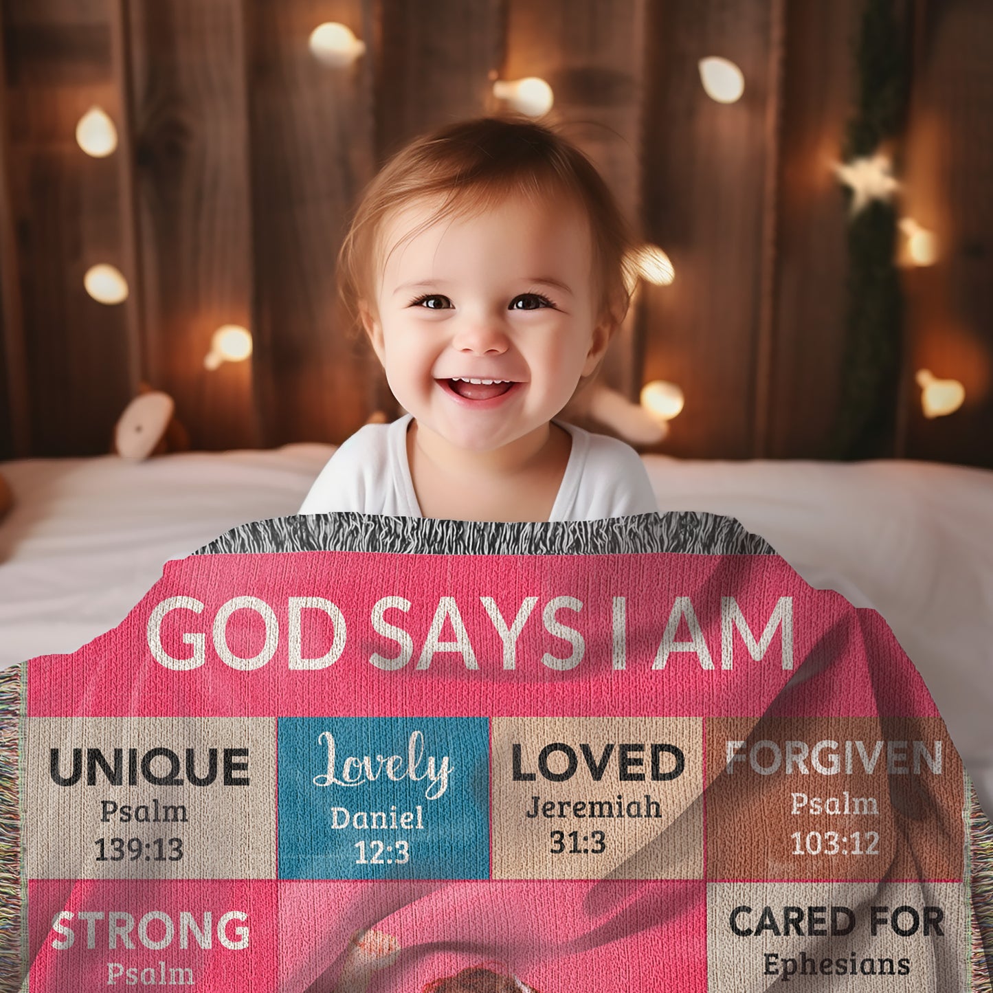 God Says I Am Loved Personalized Photo and Name Heirloom Woven Blanket Gift for Daughter, Goddaughter, Granddaughter