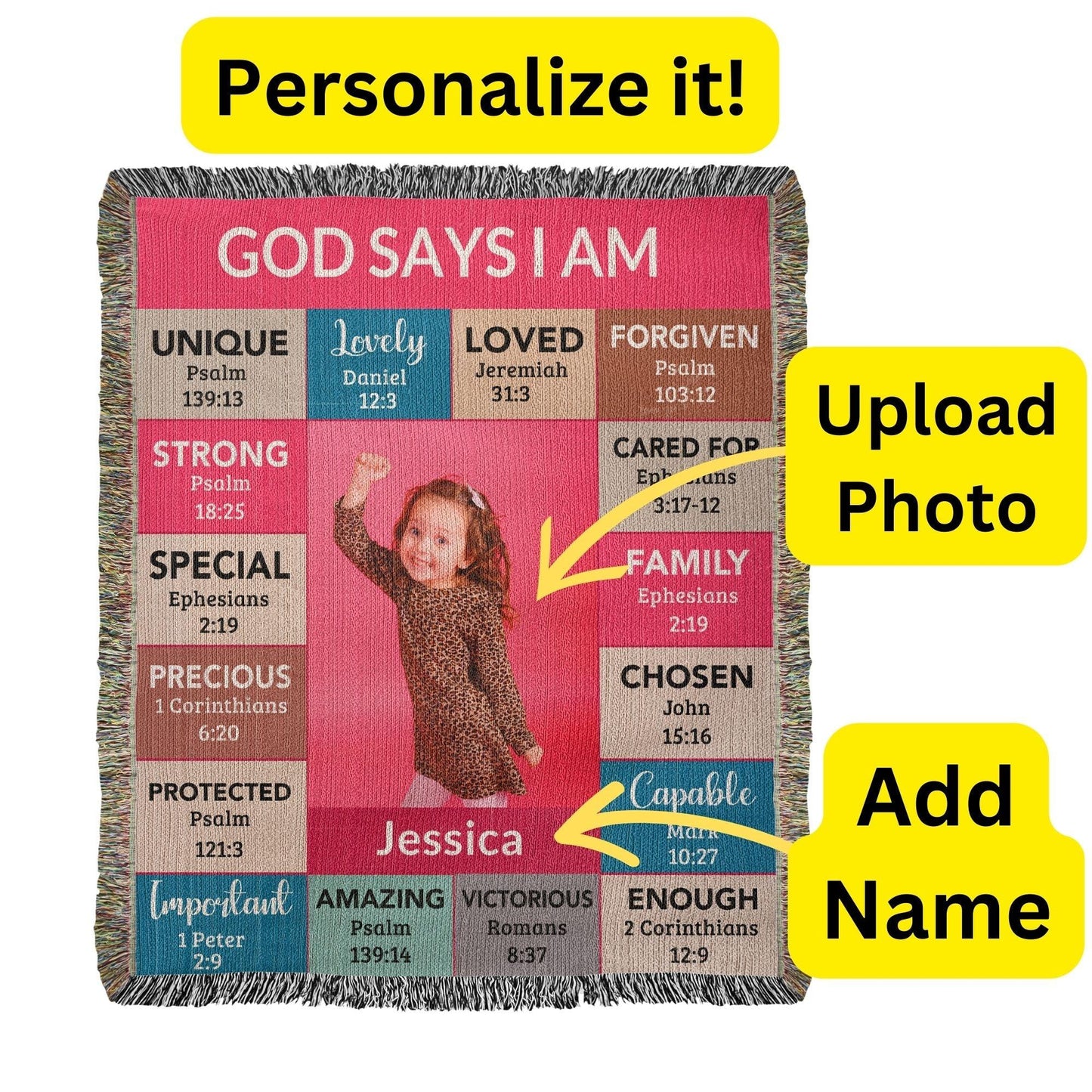 God Says I Am Loved Personalized Photo and Name Heirloom Woven Blanket Gift for Daughter, Goddaughter, Granddaughter - Mallard Moon Gift Shop