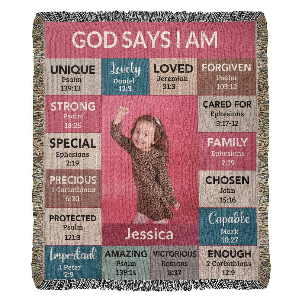 God Says I Am Loved Personalized Photo and Name Heirloom Woven Blanket Gift for Daughter, Goddaughter, Granddaughter - Mallard Moon Gift Shop