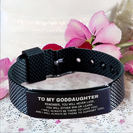 Goddaughter Gifts, To My Goddaughter Remember, you will never lose. You will either WIN or LEARN, Keepsake Black Shark Mesh Bracelet For Goddaughter Engraved, Birthday Christmas Gifts Ideas For Goddaughter X-mas Gifts - Mallard Moon Gift Shop