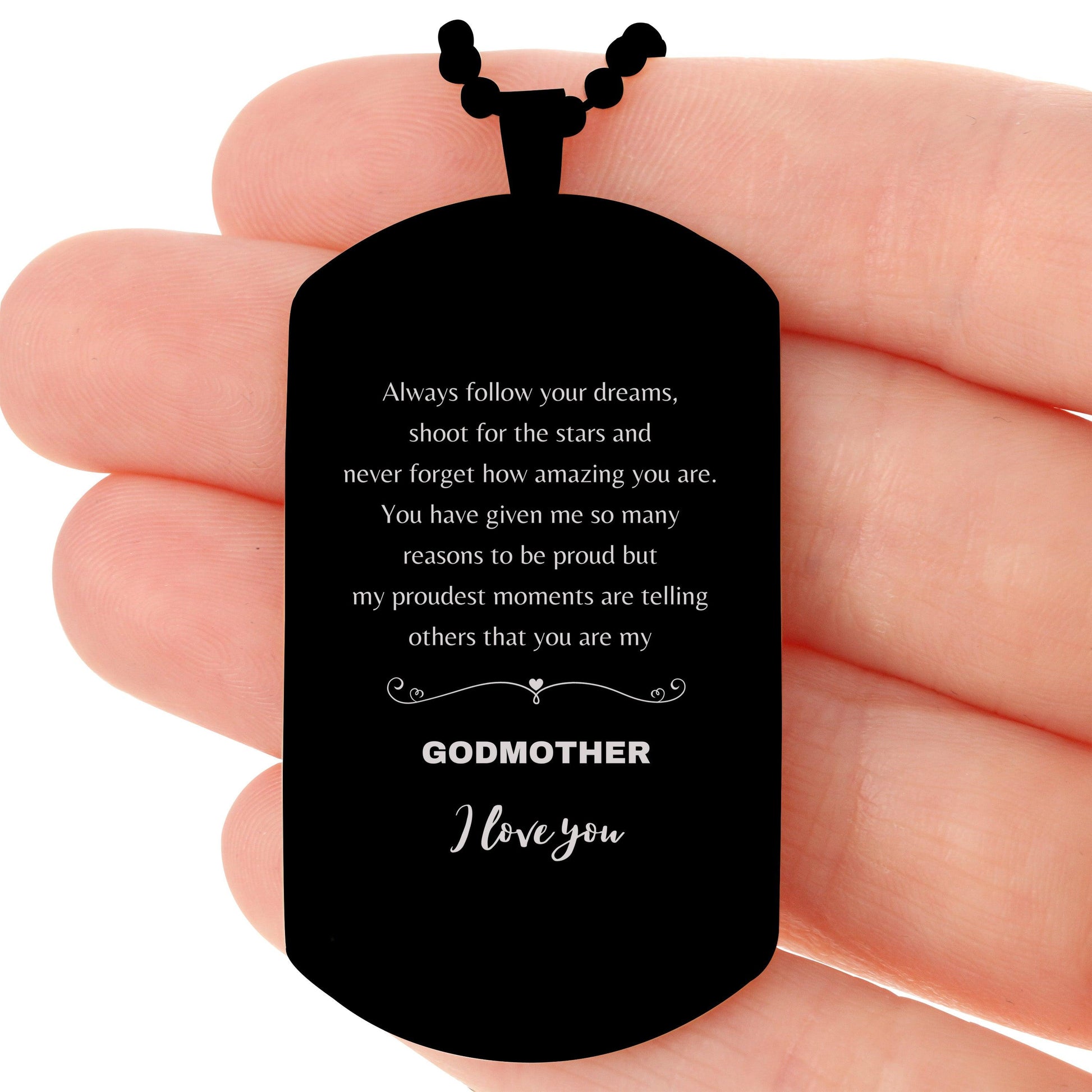 Godmother Black Dog Tag Engraved Necklace - Always Follow your Dreams - Birthday, Christmas Holiday Jewelry Gift - Mallard Moon Gift Shop