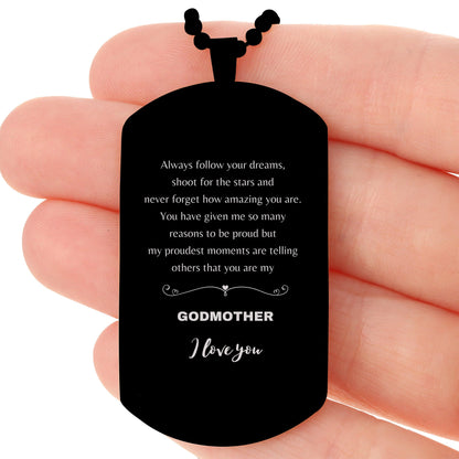 Godmother Black Dog Tag Engraved Necklace - Always Follow your Dreams - Birthday, Christmas Holiday Jewelry Gift - Mallard Moon Gift Shop