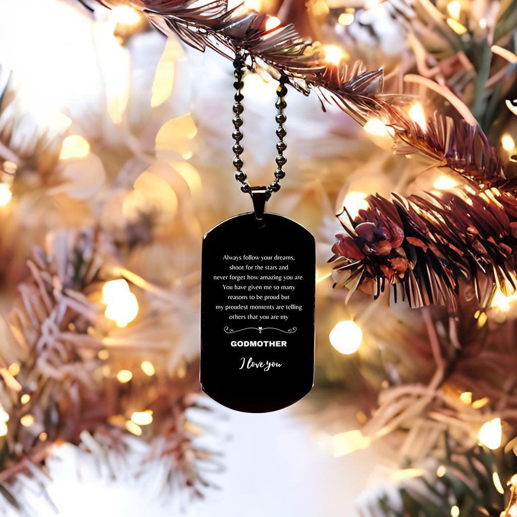 Godmother Black Dog Tag Engraved Necklace - Always Follow your Dreams - Birthday, Christmas Holiday Jewelry Gift - Mallard Moon Gift Shop