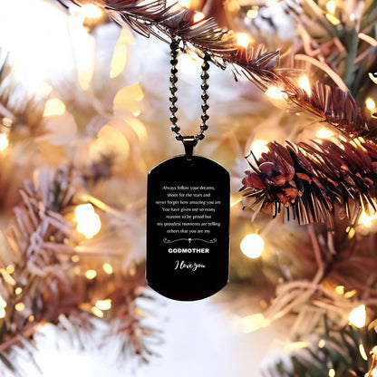 Godmother Black Dog Tag Engraved Necklace - Always Follow your Dreams - Birthday, Christmas Holiday Jewelry Gift - Mallard Moon Gift Shop