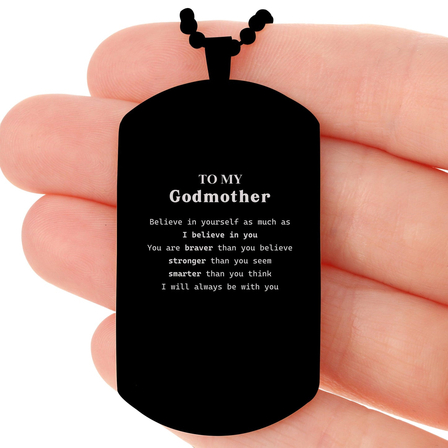 Godmother Black Dog Tag Engraved Necklace - You are braver than you believe, stronger than you seem, Inspirational Birthday Christmas Mother's Day Gifts - Mallard Moon Gift Shop