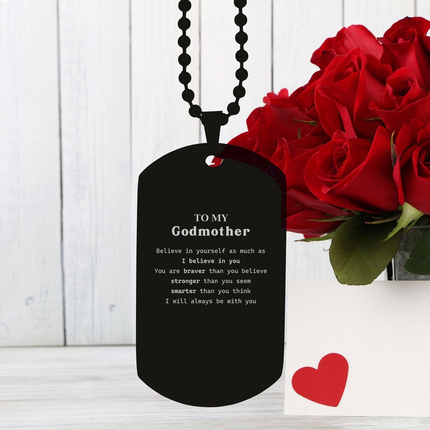 Godmother Black Dog Tag Engraved Necklace - You are braver than you believe, stronger than you seem, Inspirational Birthday Christmas Mother's Day Gifts - Mallard Moon Gift Shop