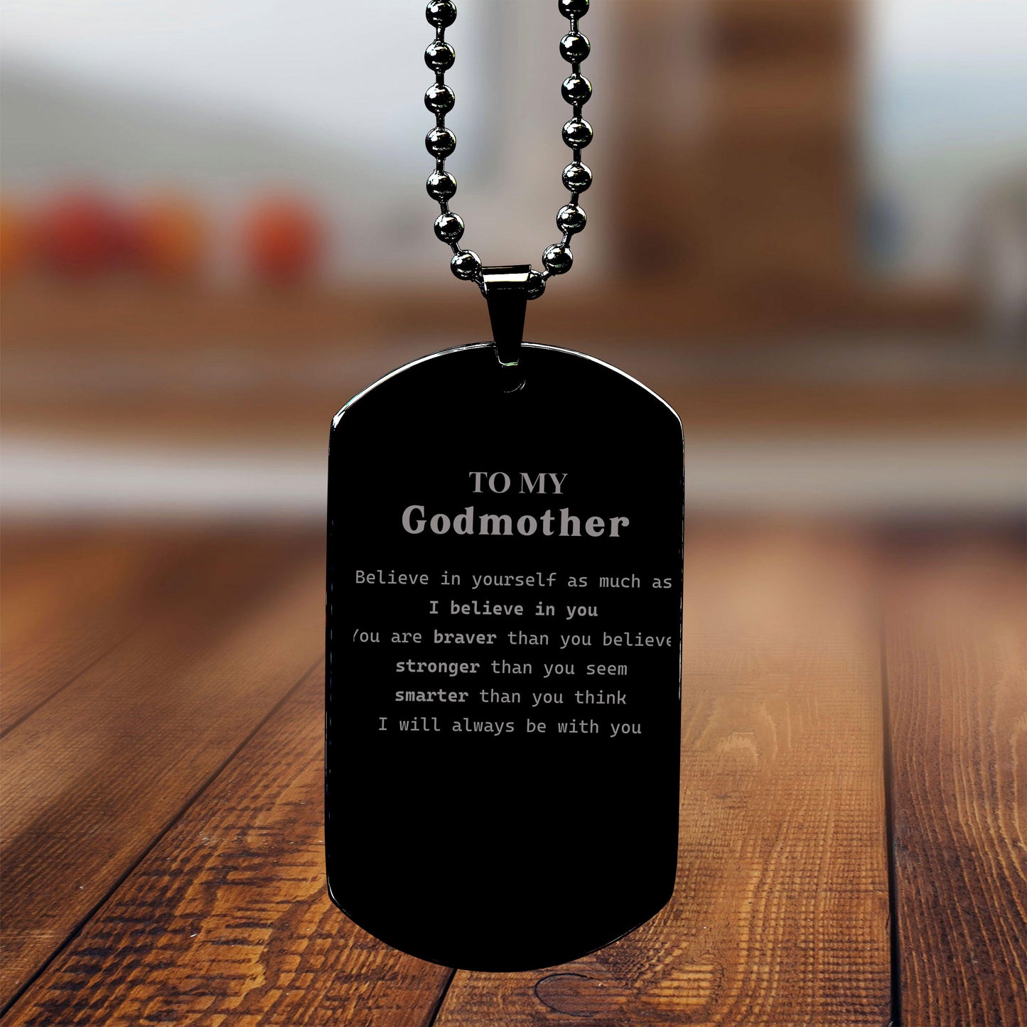 Godmother Black Dog Tag Engraved Necklace - You are braver than you believe, stronger than you seem, Inspirational Birthday Christmas Mother's Day Gifts - Mallard Moon Gift Shop