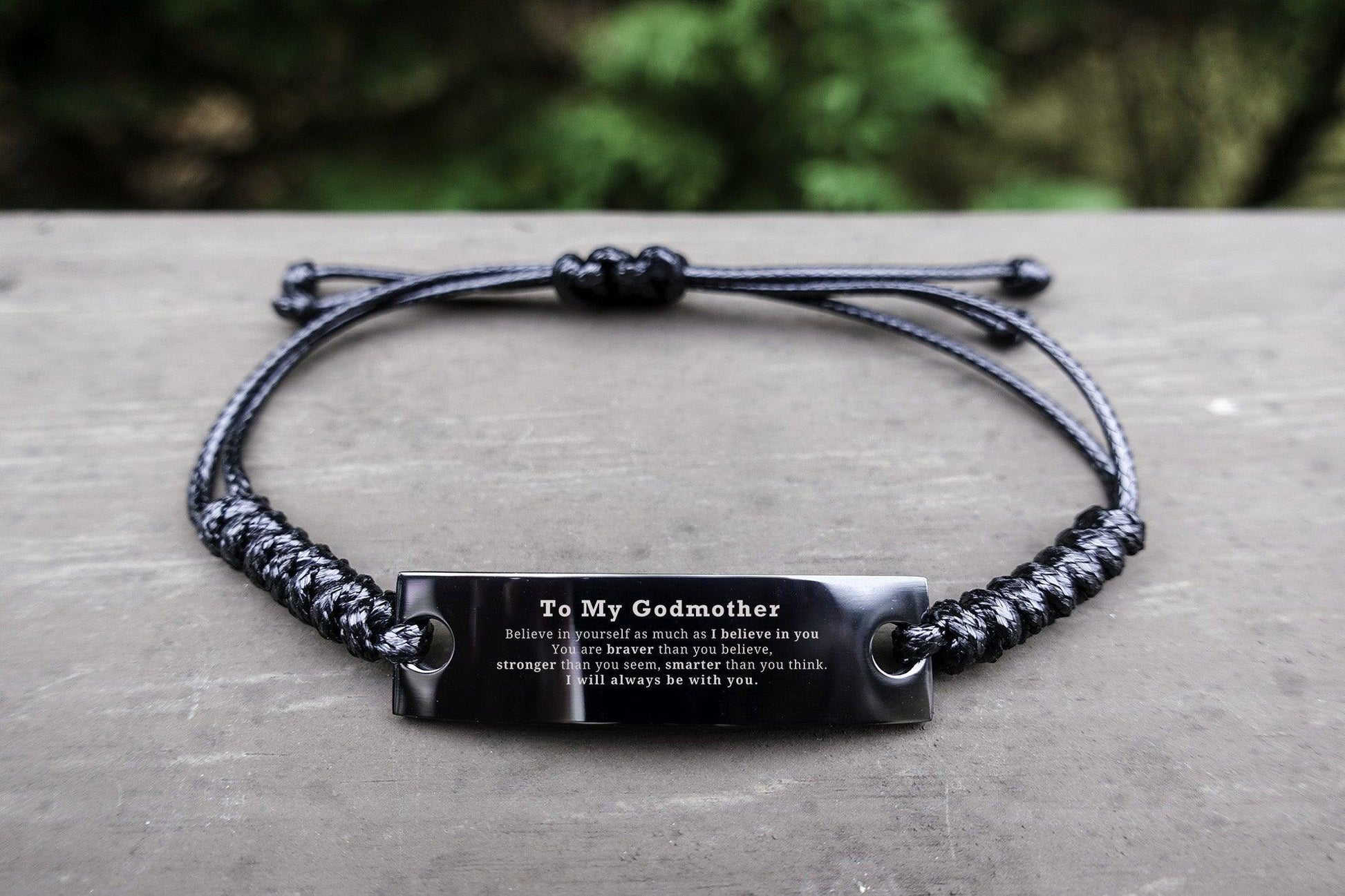 Godmother Black Rope Bracelet - You are braver than you believe, stronger than you seem, Inspirational Birthday Christmas Mother's Day Gifts - Mallard Moon Gift Shop