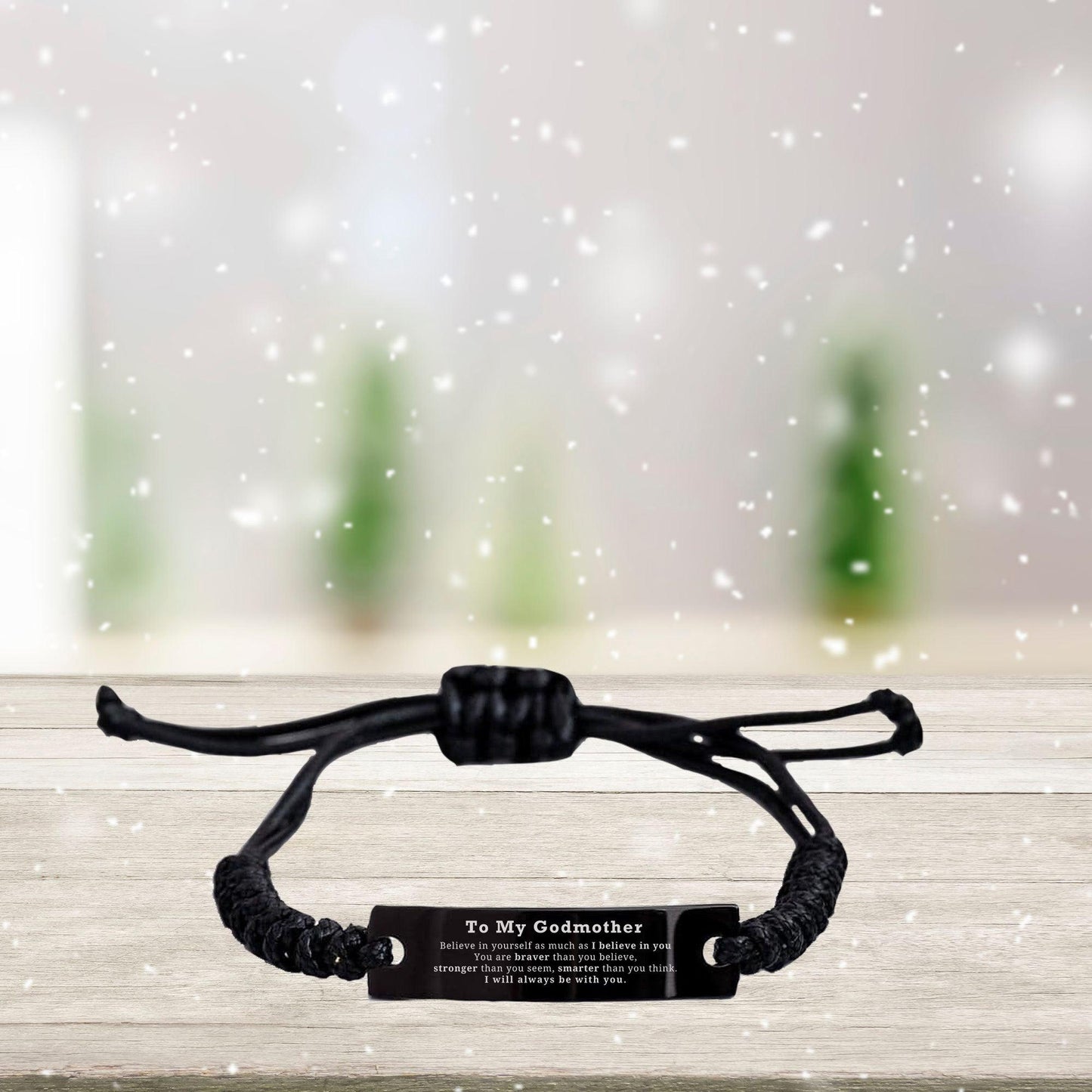 Godmother Black Rope Bracelet - You are braver than you believe, stronger than you seem, Inspirational Birthday Christmas Mother's Day Gifts - Mallard Moon Gift Shop