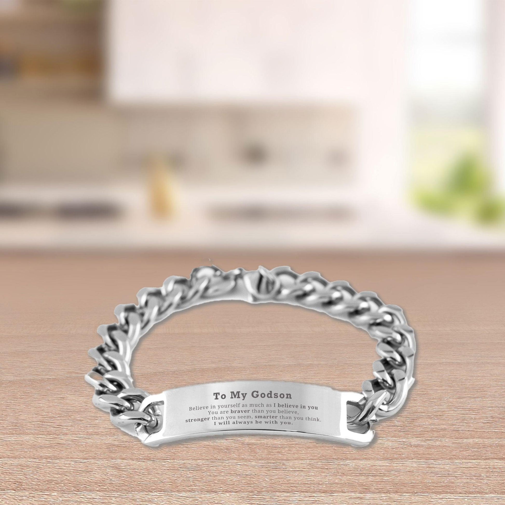 Godson Cuban Chain Stainless Steel Engraved Bracelet Gifts, To My Godson You are braver than you believe, stronger than you seem, Inspirational Birthday, Christmas Gifts - Mallard Moon Gift Shop