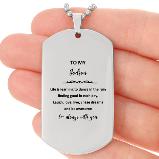 Godson Silver Dog Tag Engraved Bracelet, Motivational Christmas, Birthday Gifts - Life is learning to dance in the rain, finding good in each day. I'm always with you - Mallard Moon Gift Shop