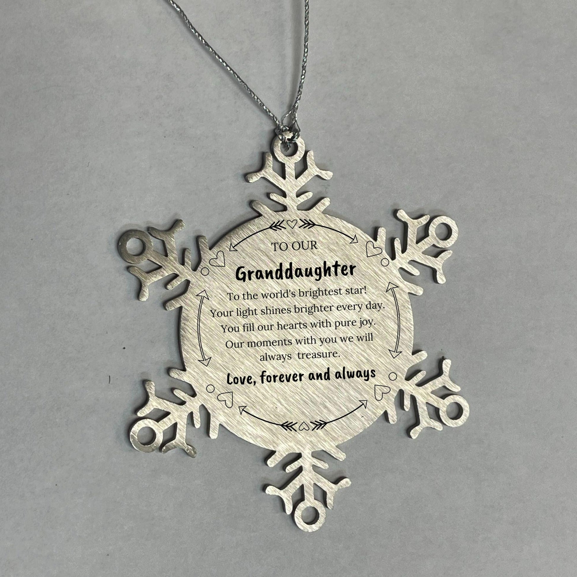 Granddaughter Engraved Snow Flake Christmas Ornament - You fill Our Hearts With Pure Joy. Our Moments With You We Will Always Treasure. - Mallard Moon Gift Shop