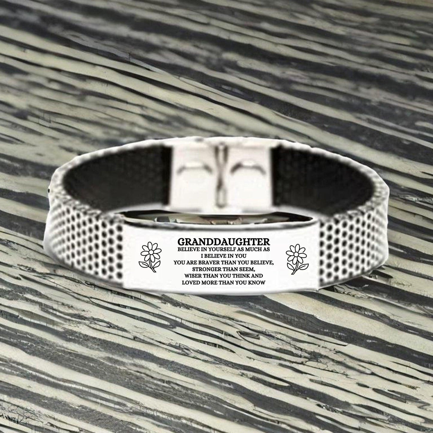 Granddaughter Engraved Stainless Steel Mesh Bracelet, Motivational Birthday, Christmas Holiday Gifts For Granddaughter, You are Braver than you Believe, Loved More than you Know - Mallard Moon Gift Shop