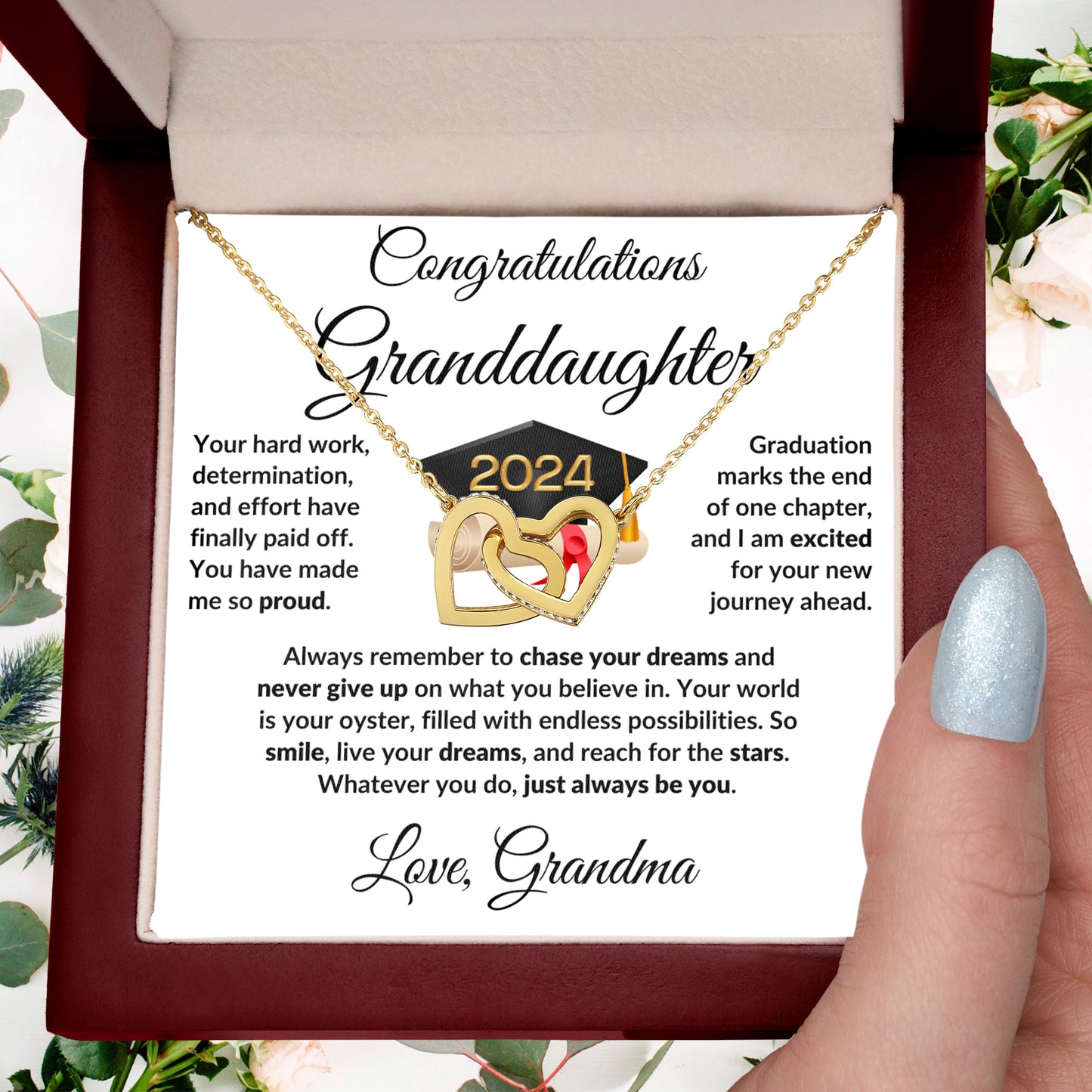 Granddaughter Jewelry Graduation Class of 2024 Personalized Interlocking Hearts Pendant Necklace with Heartfelt Message and Gift Box