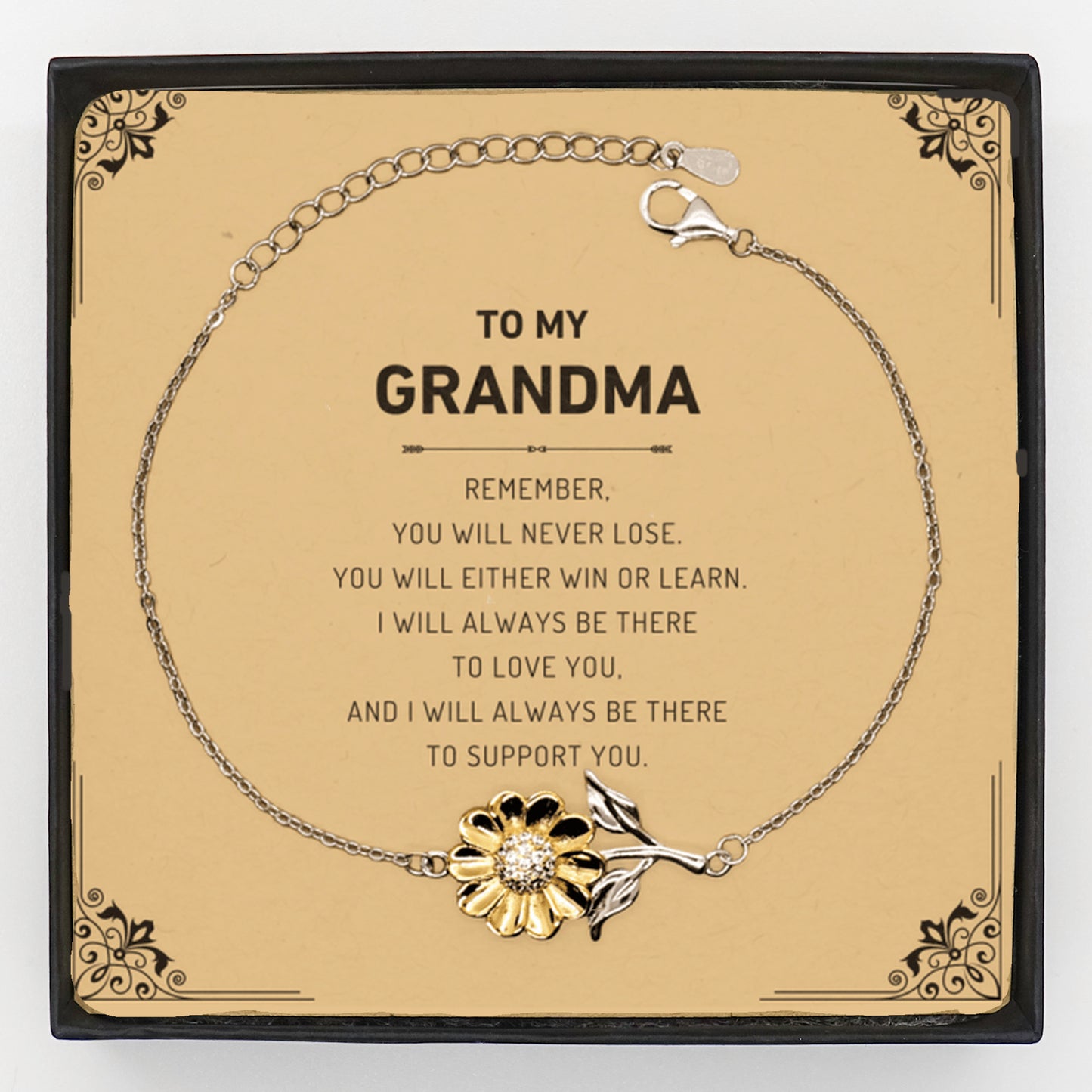 Grandma Gifts, To My Grandma Remember, you will never lose. You will either WIN or LEARN, Keepsake Sunflower Bracelet Birthday Christmas Gifts Ideas