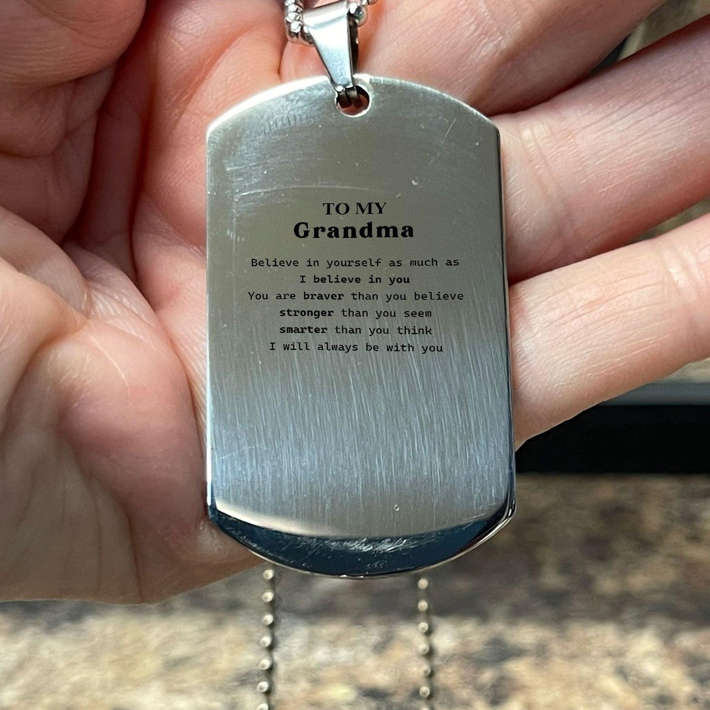 Grandma Silver Dog Tag Engraved Necklace - You are Braver than you Believe, Stronger than you Seem, Inspirational Birthday, Christmas Mother's Day Gifts - Mallard Moon Gift Shop