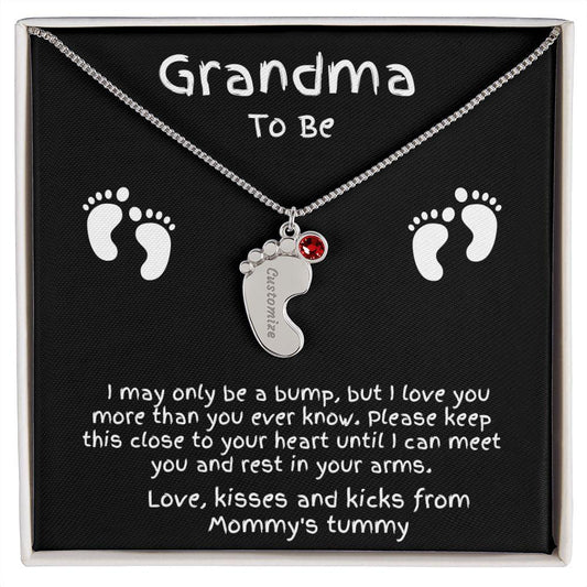 Grandma to Be Baby Feet Engraved Birthstone Charm Necklace - Mallard Moon Gift Shop
