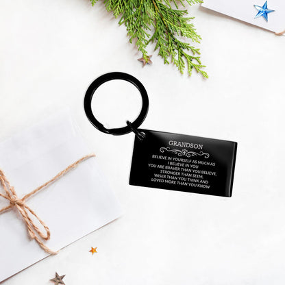 Grandson Black Engraved Keychain, Motivational Heartfelt Birthday, Christmas Holiday Gifts For Grandson, You are Braver than you Believe, Loved More than you Know - Mallard Moon Gift Shop