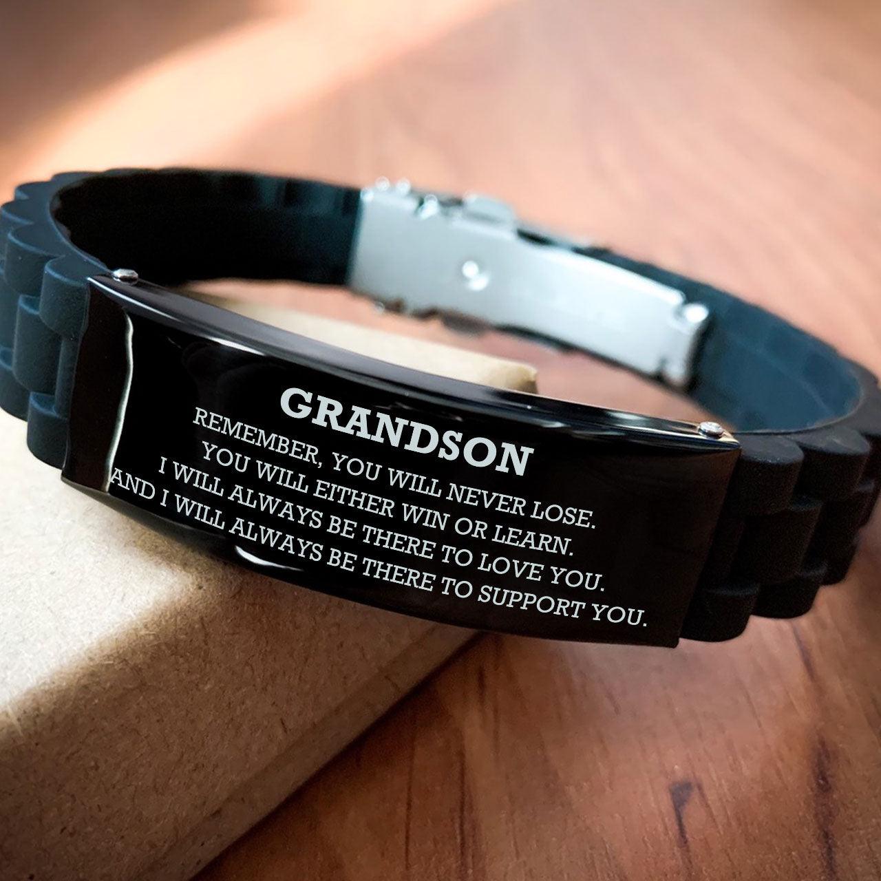 Grandson Black Glide Lock Bracelet, Remember, You Will Never Lose. You Will Either Win or Learn, Leather Engraved Bracelets for your Grandson, Birthday, or Christmas, Inspirational Gifts Ideas - Mallard Moon Gift Shop