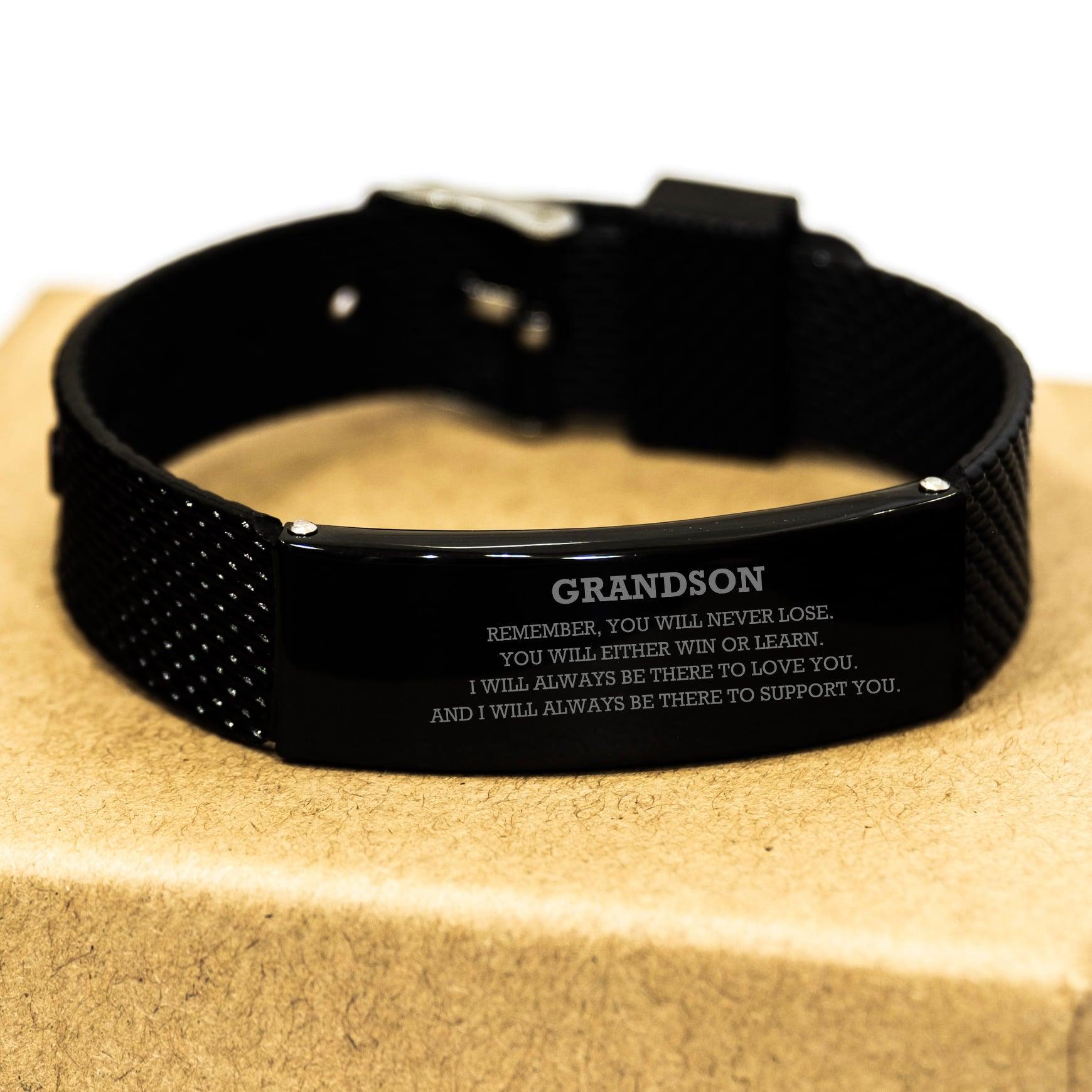 Grandson Black Shark Mesh Bracelet, Remember, You Will Never Lose. You Will Either Win or Learn, Black Engraved Bracelet for your Grandson, Birthday, Christmas Gifts Ideas - Mallard Moon Gift Shop