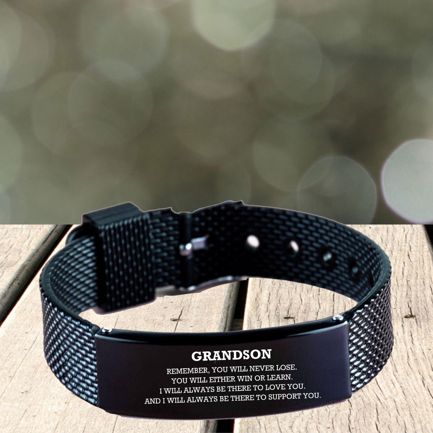 Grandson Black Shark Mesh Bracelet, Remember, You Will Never Lose. You Will Either Win or Learn, Black Engraved Bracelet for your Grandson, Birthday, Christmas Gifts Ideas - Mallard Moon Gift Shop