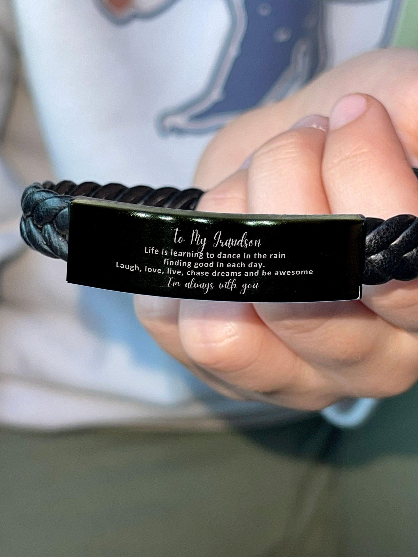 Grandson Braided Leather Engraved Bracelet, Motivational Heartfelt Birthday, Christmas Holiday Gifts For Grandson, You are Braver than you Believe, Loved More than you Know - Mallard Moon Gift Shop