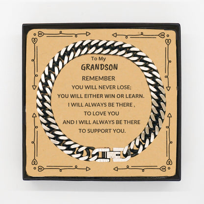 Grandson Cuban Chain Bracelet, Remember, You Will Never Lose, You Will Either Win or Learn, Birthday, Christmas Graduation Gift Ideas - Mallard Moon Gift Shop