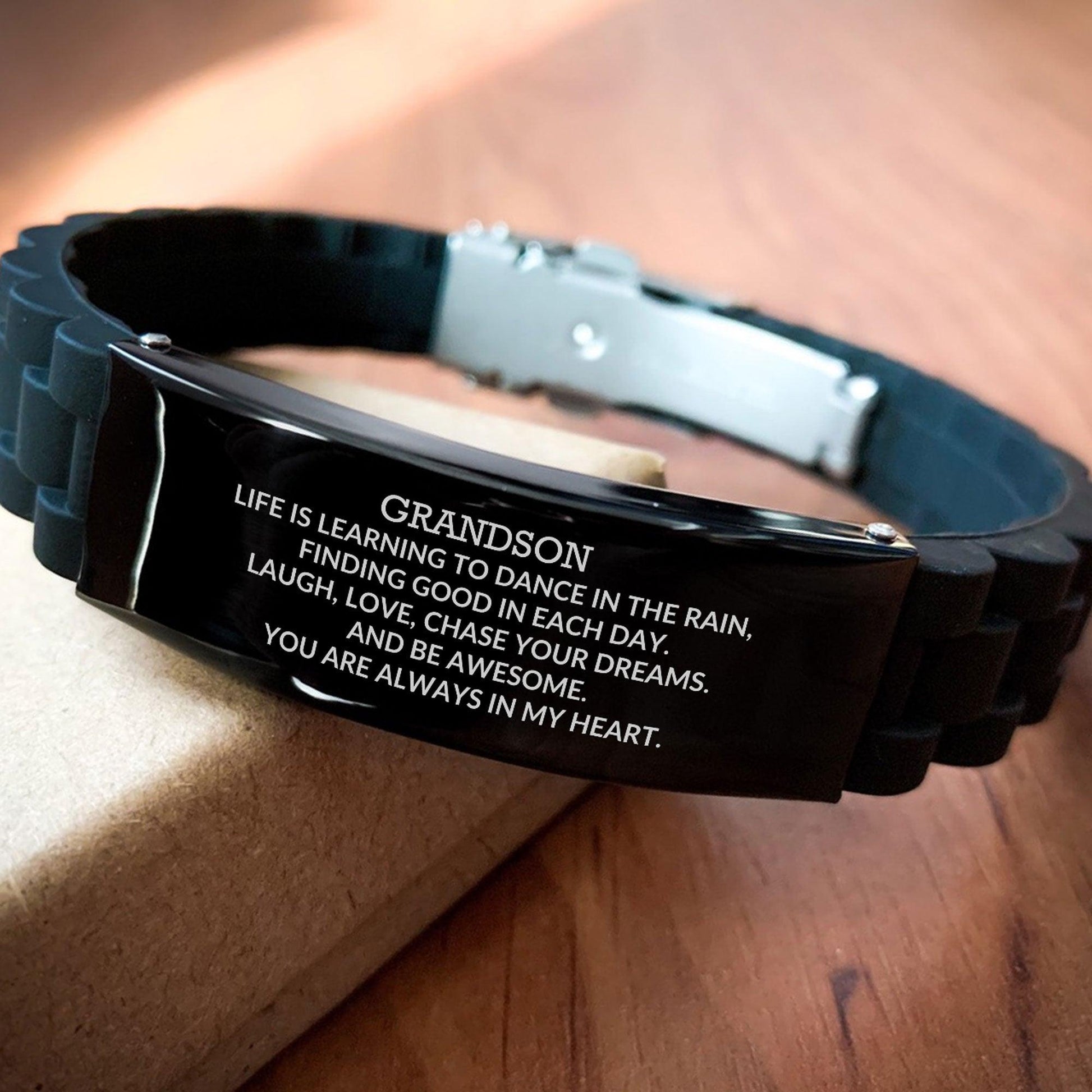 Grandson Engraved Black Glidelock Clasp Bracelet, Motivational Heartfelt Birthday, Christmas Holiday Gifts For Grandson, Life is Learning to Dance in the Rain, You are Always in My Heart - Mallard Moon Gift Shop