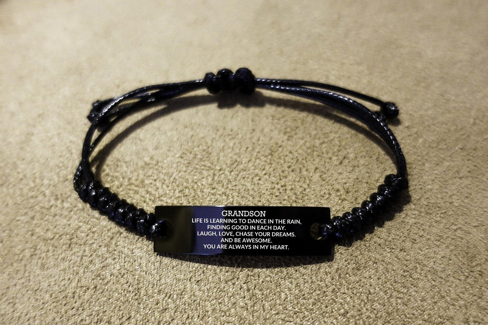 Grandson Engraved Black Rope Bracelet, Motivational Heartfelt Birthday, Christmas Holiday Gifts For Grandson, Life is Learning to Dance in the Rain, You are Always in My Heart - Mallard Moon Gift Shop