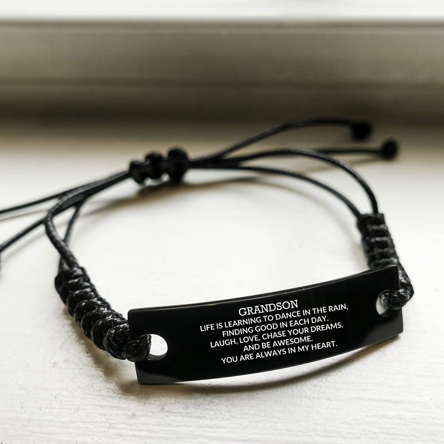 Grandson Engraved Black Rope Bracelet, Motivational Heartfelt Birthday, Christmas Holiday Gifts For Grandson, Life is Learning to Dance in the Rain, You are Always in My Heart - Mallard Moon Gift Shop