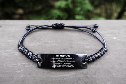 Grandson Engraved Black Rope Bracelet, Motivational Heartfelt Birthday, Christmas Holiday Gifts For Grandson, You are Braver than you Believe, Loved More than you Know - Mallard Moon Gift Shop