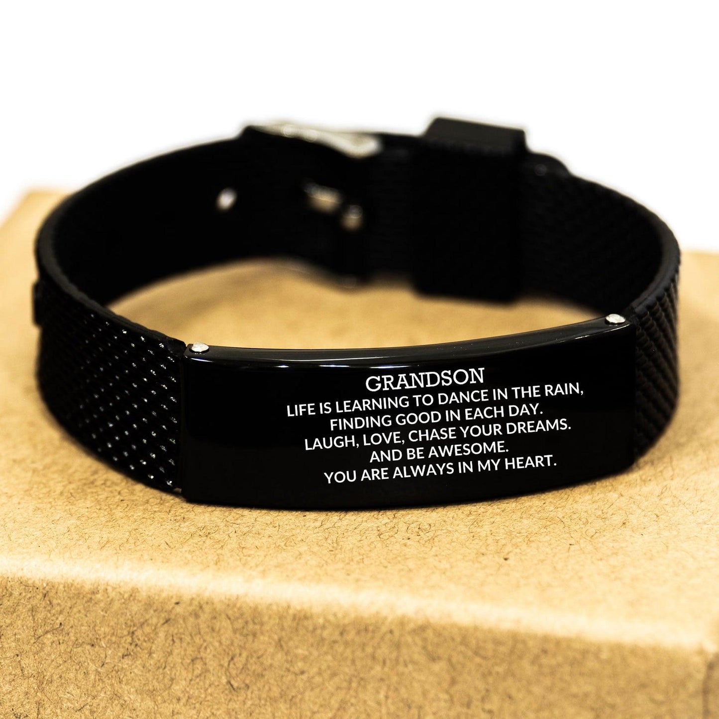 Grandson Engraved Black Shark Mesh Bracelet, Motivational Heartfelt Birthday, Christmas Holiday Gifts For Grandson, Life is Learning to Dance in the Rain, You are Always in My Heart - Mallard Moon Gift Shop